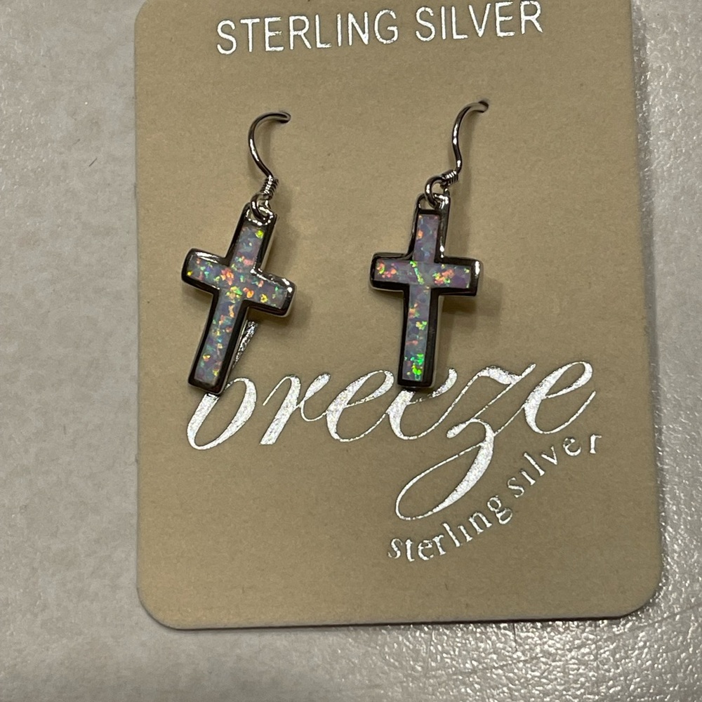 New Sterling Silver cross earring w created opal. - Picture 4 of 6